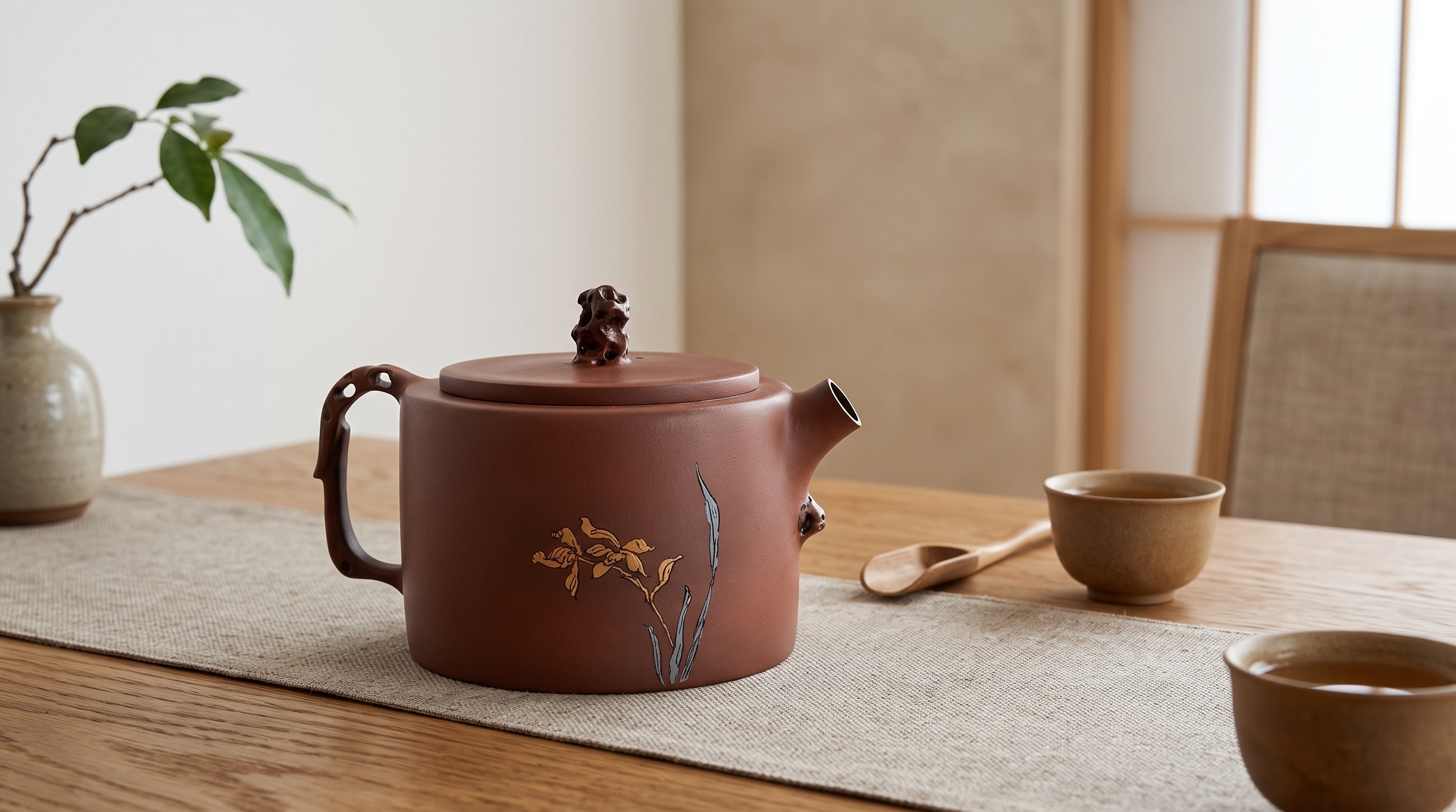 A carved Jianshui Zitao teapot set for tea in a quiet modern interior