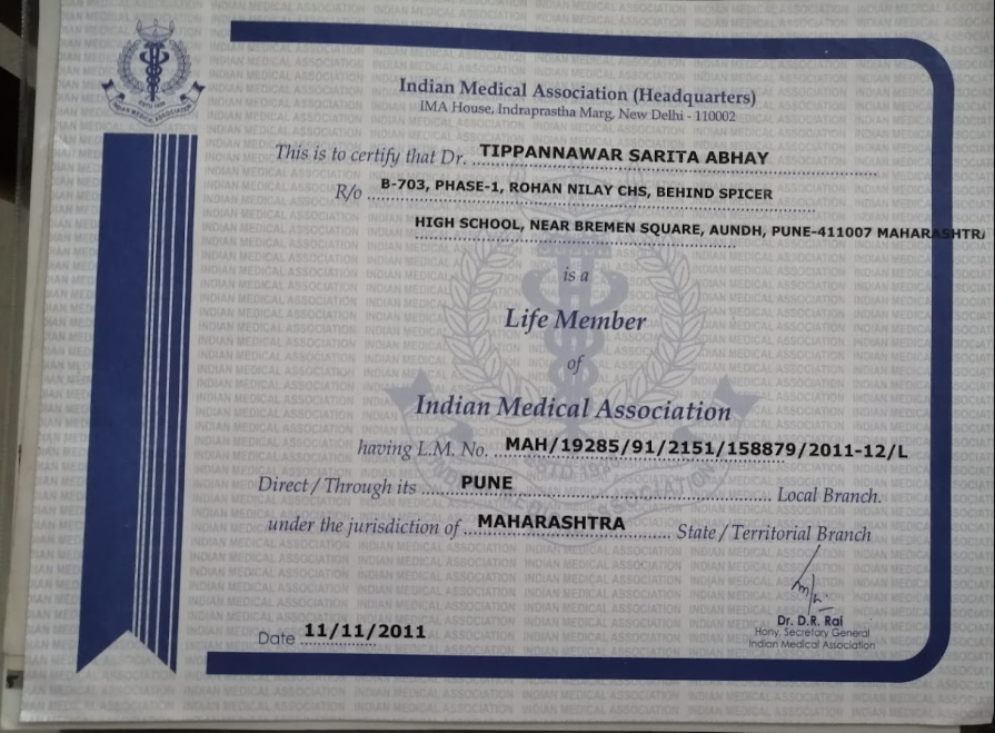 Indian Medical Association Life Member Certificate