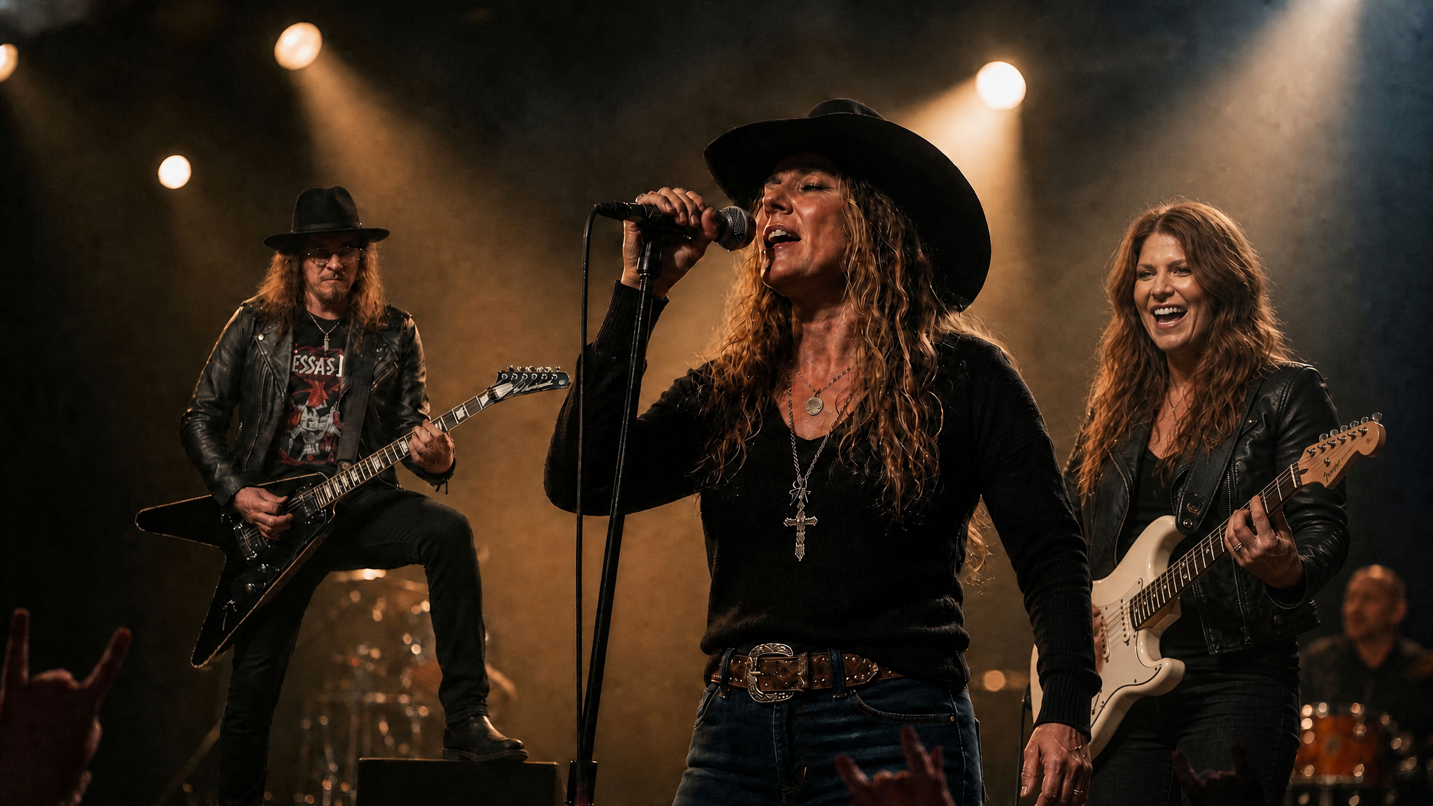 Tessa's Lair performing live on stage with warm lighting and smoke