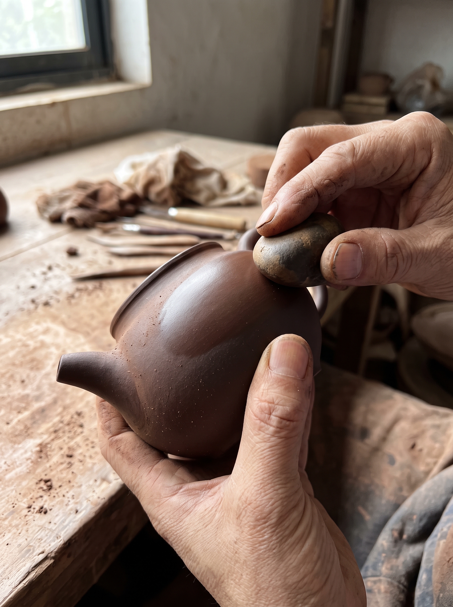 Hands polishing an unglazed teapot surface with a stone in a workshop