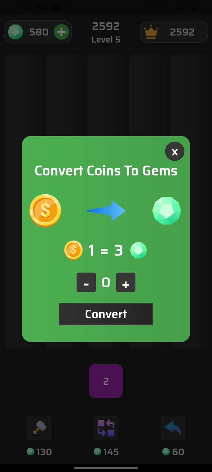 In-game currency conversion menu