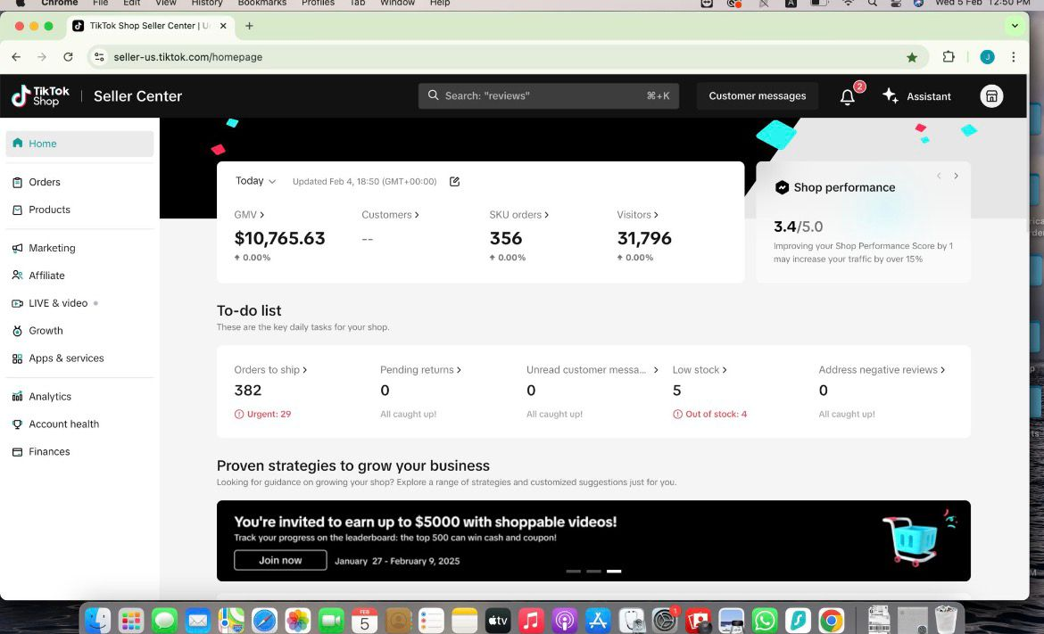 TikTok Shop Seller Center — GMV $10,765.63, 356 SKU Orders