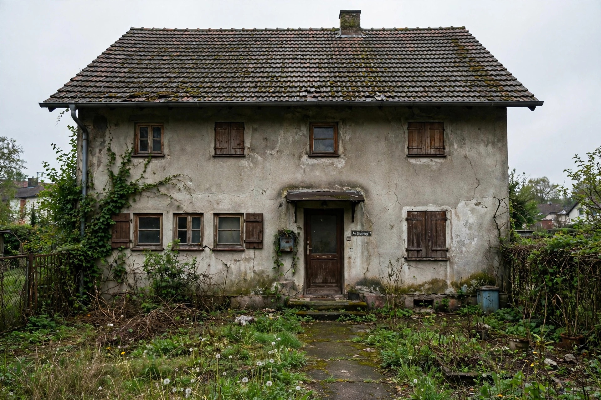 Verwittertes Haus vor der Sanierung: rissige Fassade, alte Holzläden, moosige Dachziegel und überwucherter Vorgarten