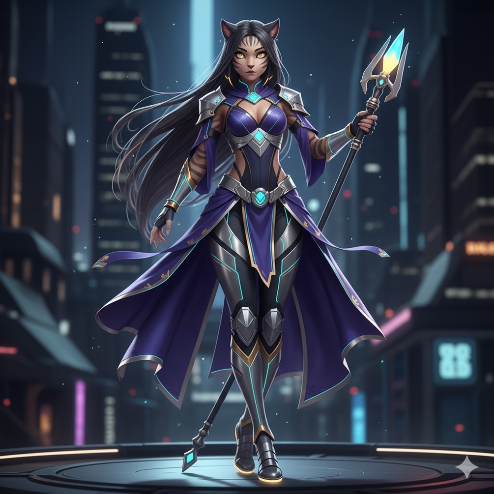 Feline Fantasy Warrior 3D model with futuristic armor and glowing accents