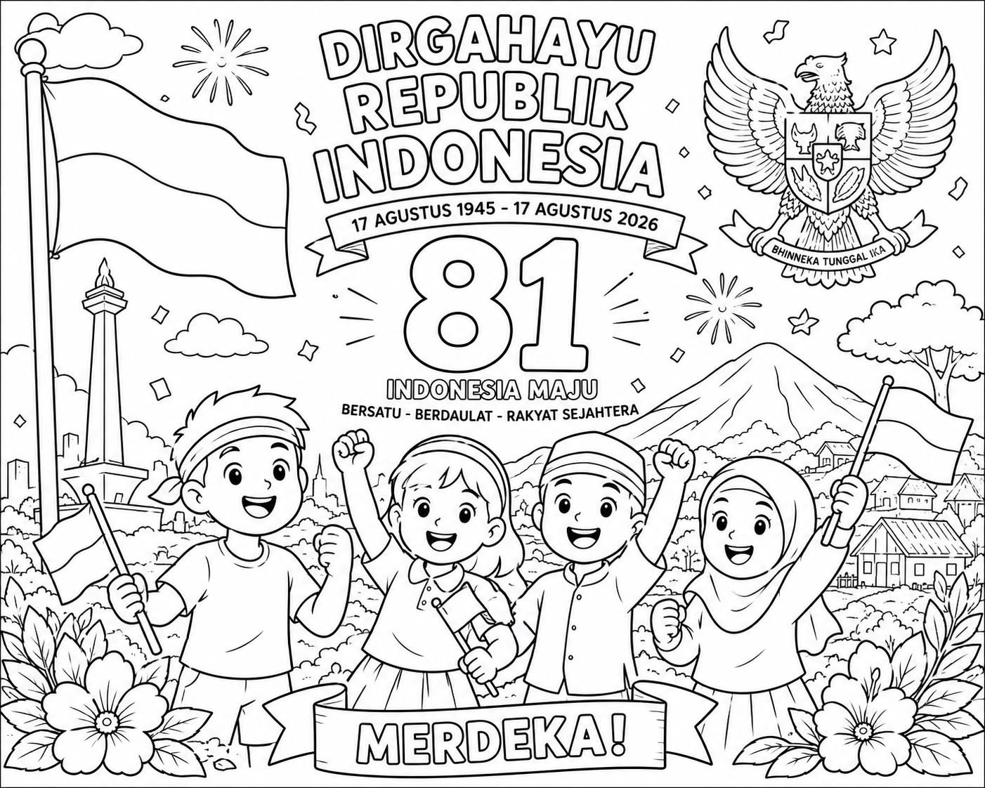 Gambar mewarnai HUT RI 81 dengan lambang negara Garuda Pancasila dan tulisan Berdaulat Rakyat Sejahtera