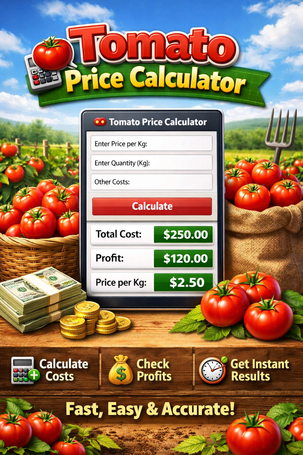 Tomato Price Calculator India 2025 – Tool interface showing price per kg input, quantity entry, calculate button, and results displaying total cost, profit, and price breakdown with fresh tomatoes and farming elements