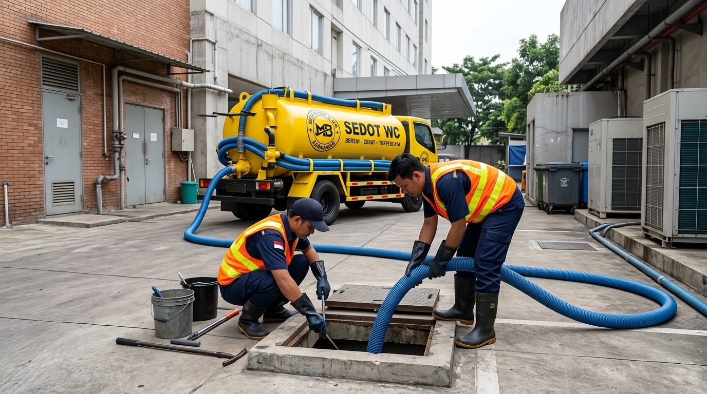 Dua teknisi PT Mitra Bersih 24 Jam melakukan sedot septic tank di area belakang bangunan komersial