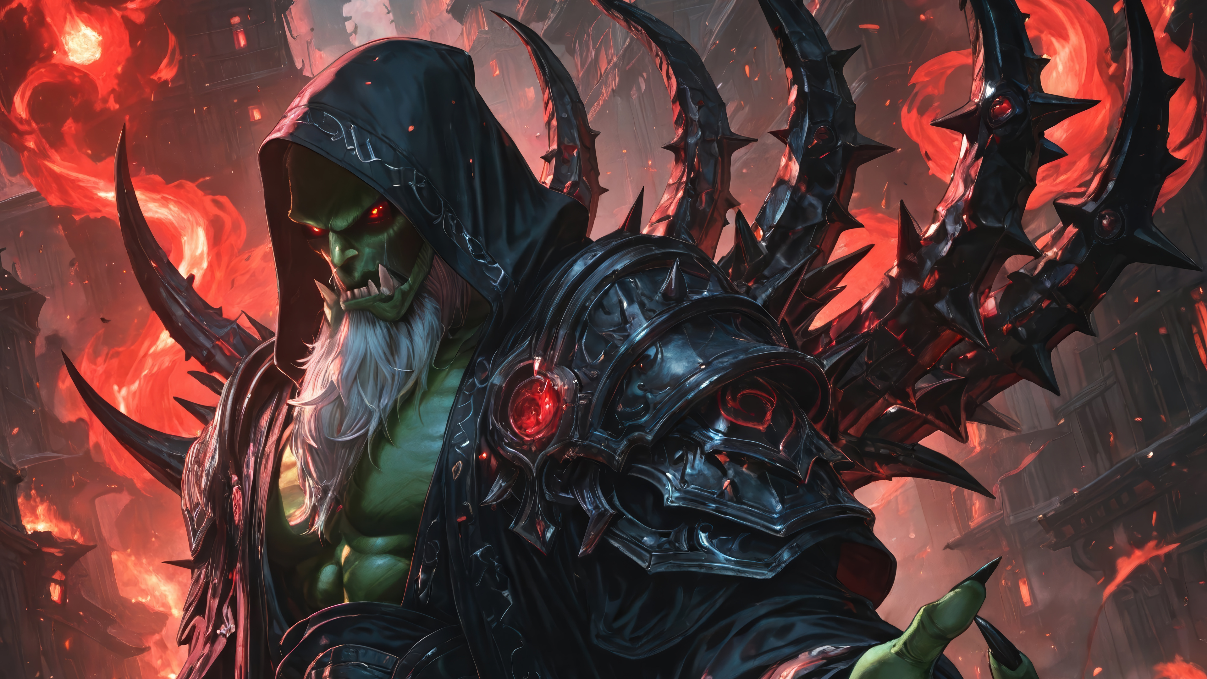Green Skinned Orc in Black Armor Fire