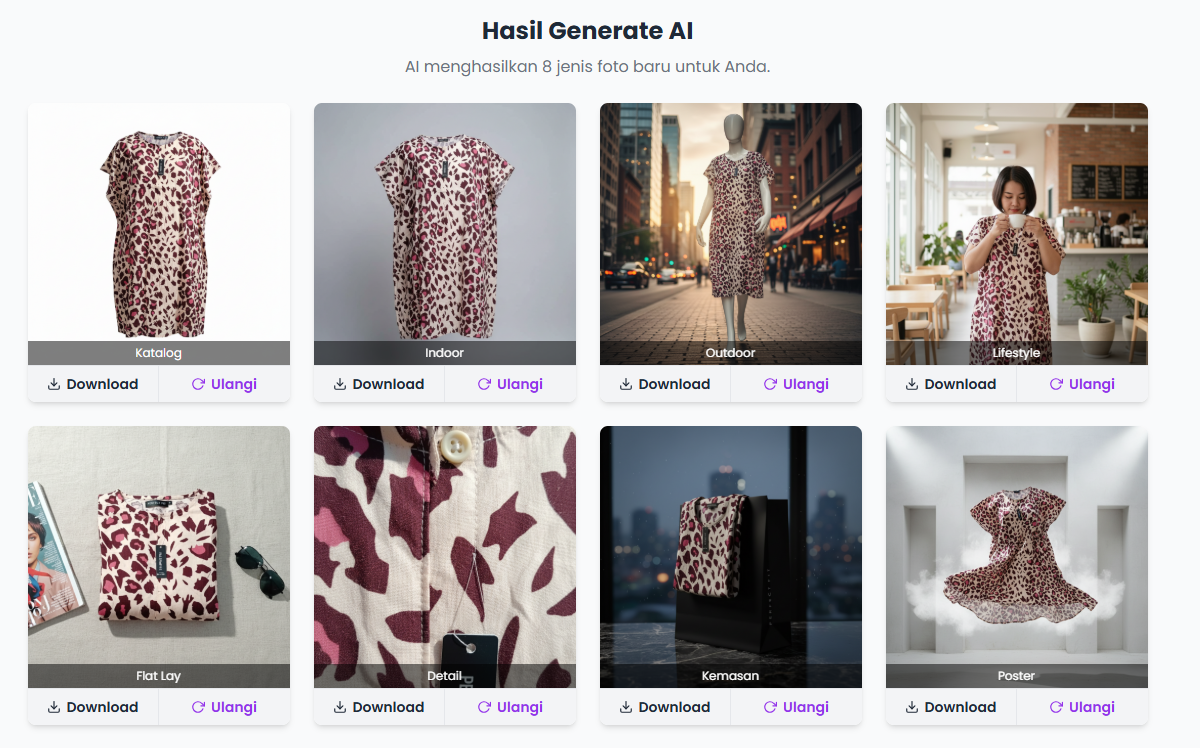 Hasil 8 foto profesional gaun leopard print yang dihasilkan oleh Jepret AI