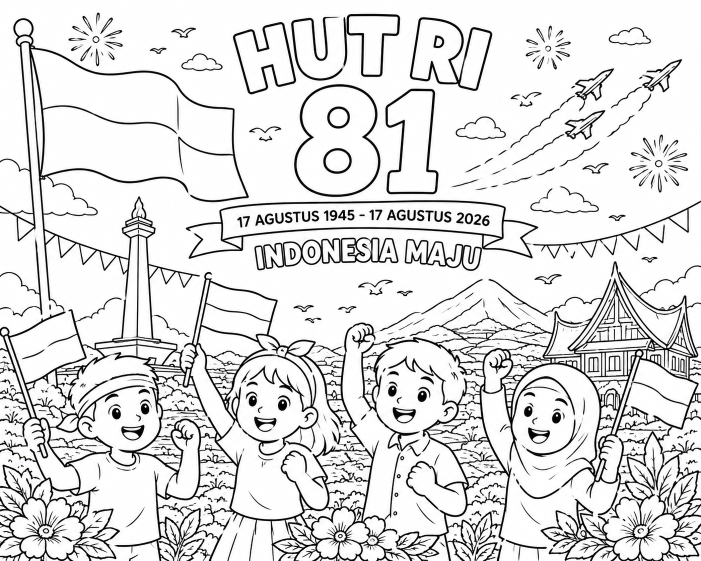 Gambar mewarnai HUT RI 81 anak bersorak dengan bendera monumen pesawat dan kembang api