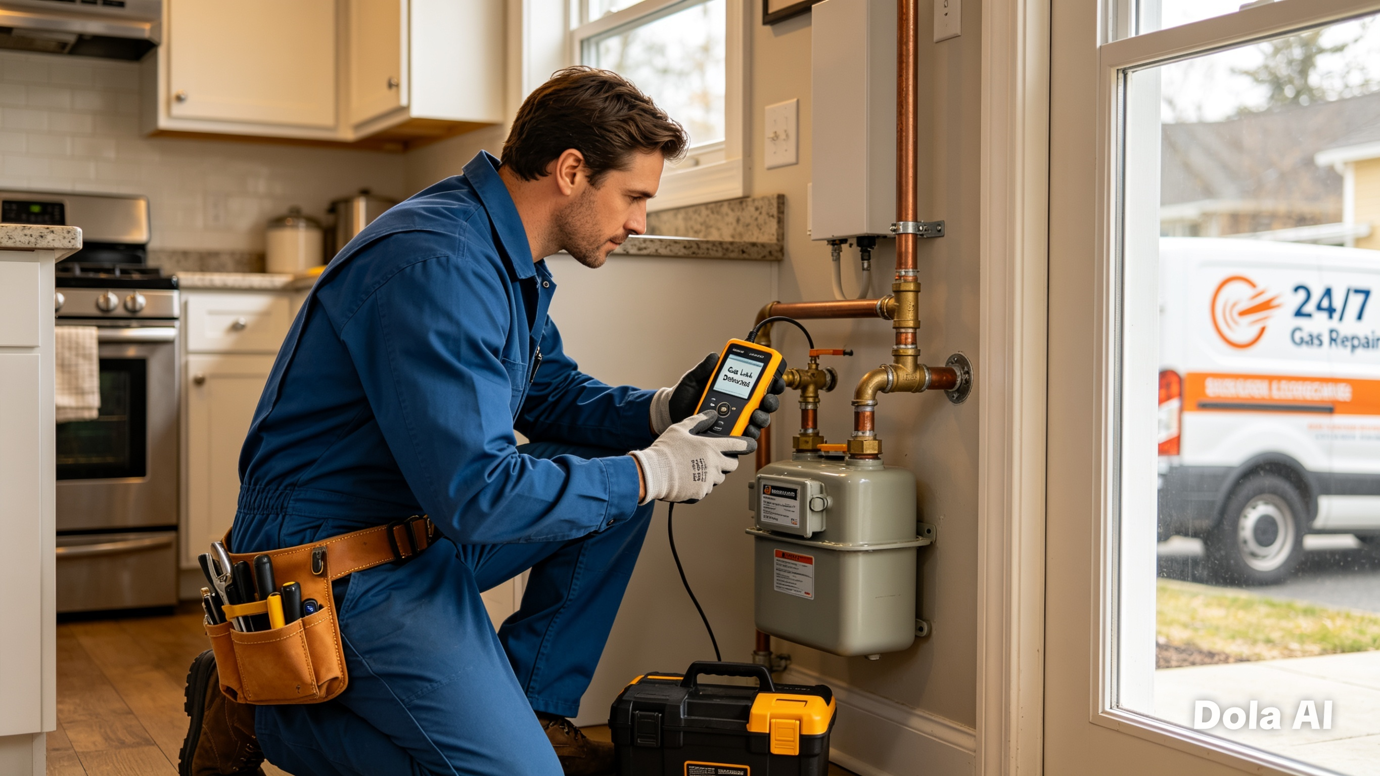 Técnico detectando fugas de gas con equipo especial