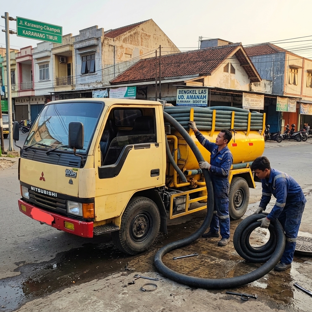 Menyelaraskan selang sedot limbah di truk