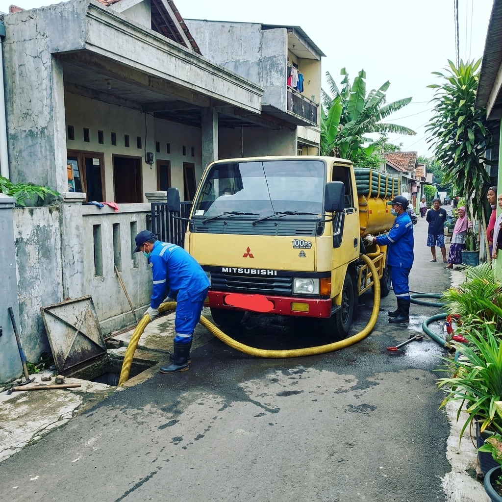 Truk sedot WC Mitsubishi bersiap melakukan pembersihan pipa di area permukiman Karawang
