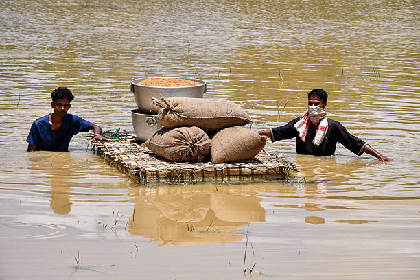 Relief supplies on bamboo raft