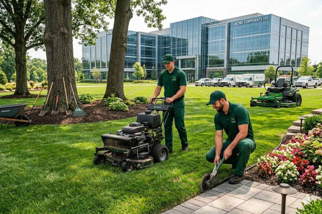 Professional landscaping crew maintaining lawn and garden beds at a corporate office headquarters