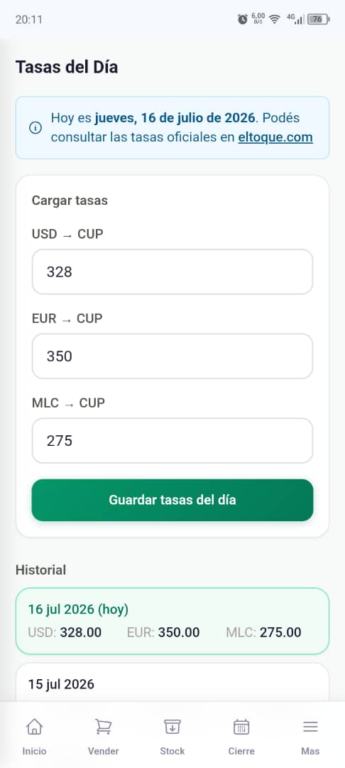 Tasas del día en Cuadre