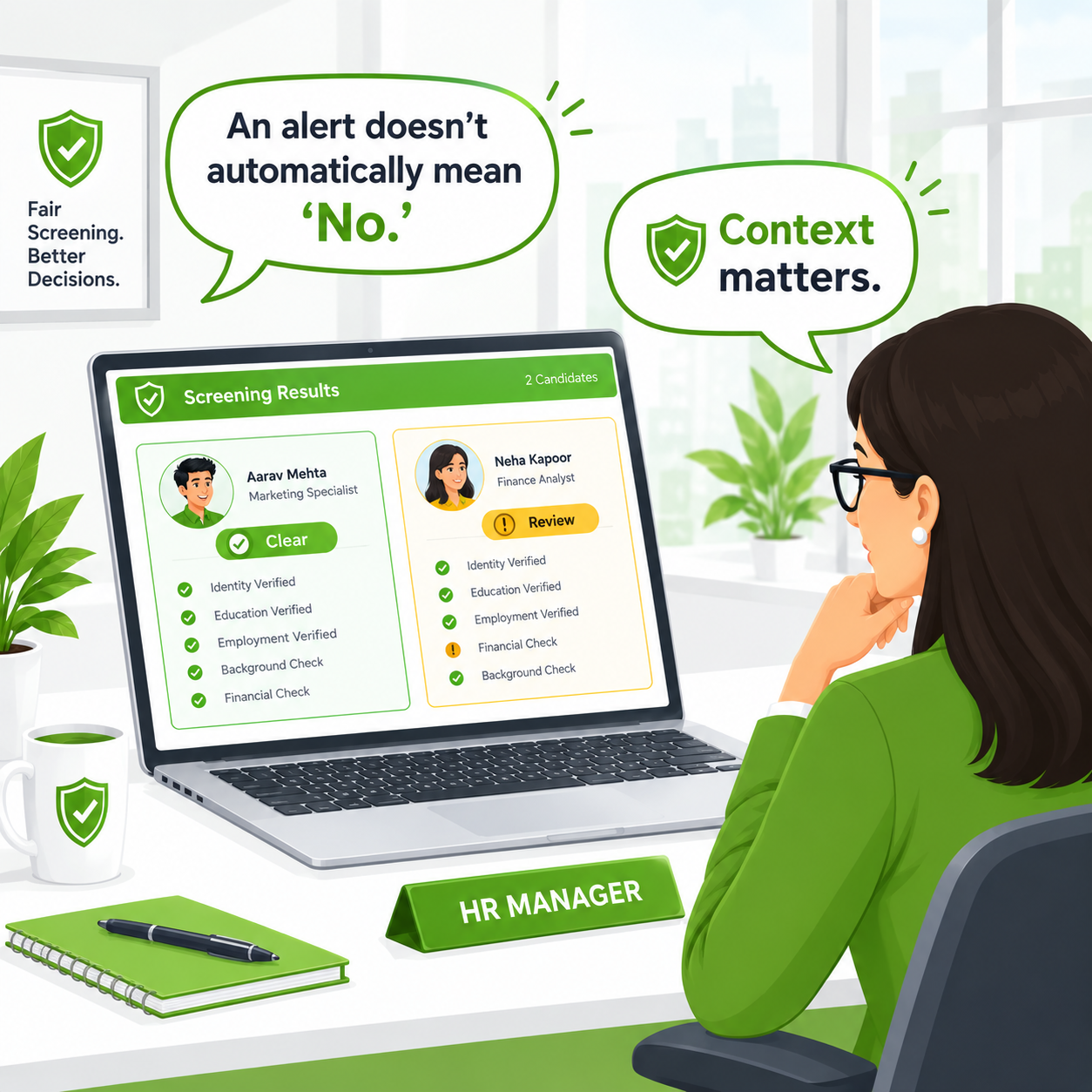 HR manager reviewing screening results with context comic