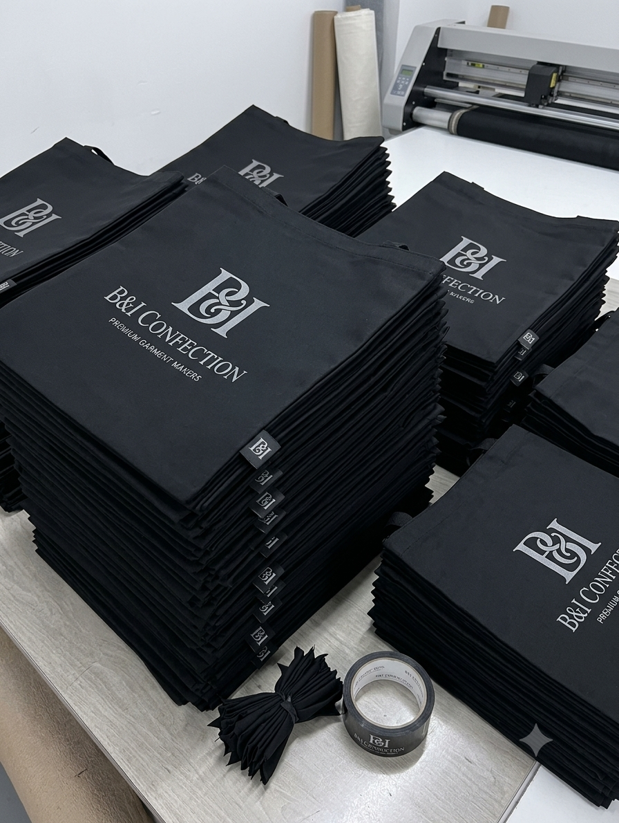 Sacs B&I CONFECTION PREMIUM GARMENT MAKERS empilés — Zone conditionnement atelier