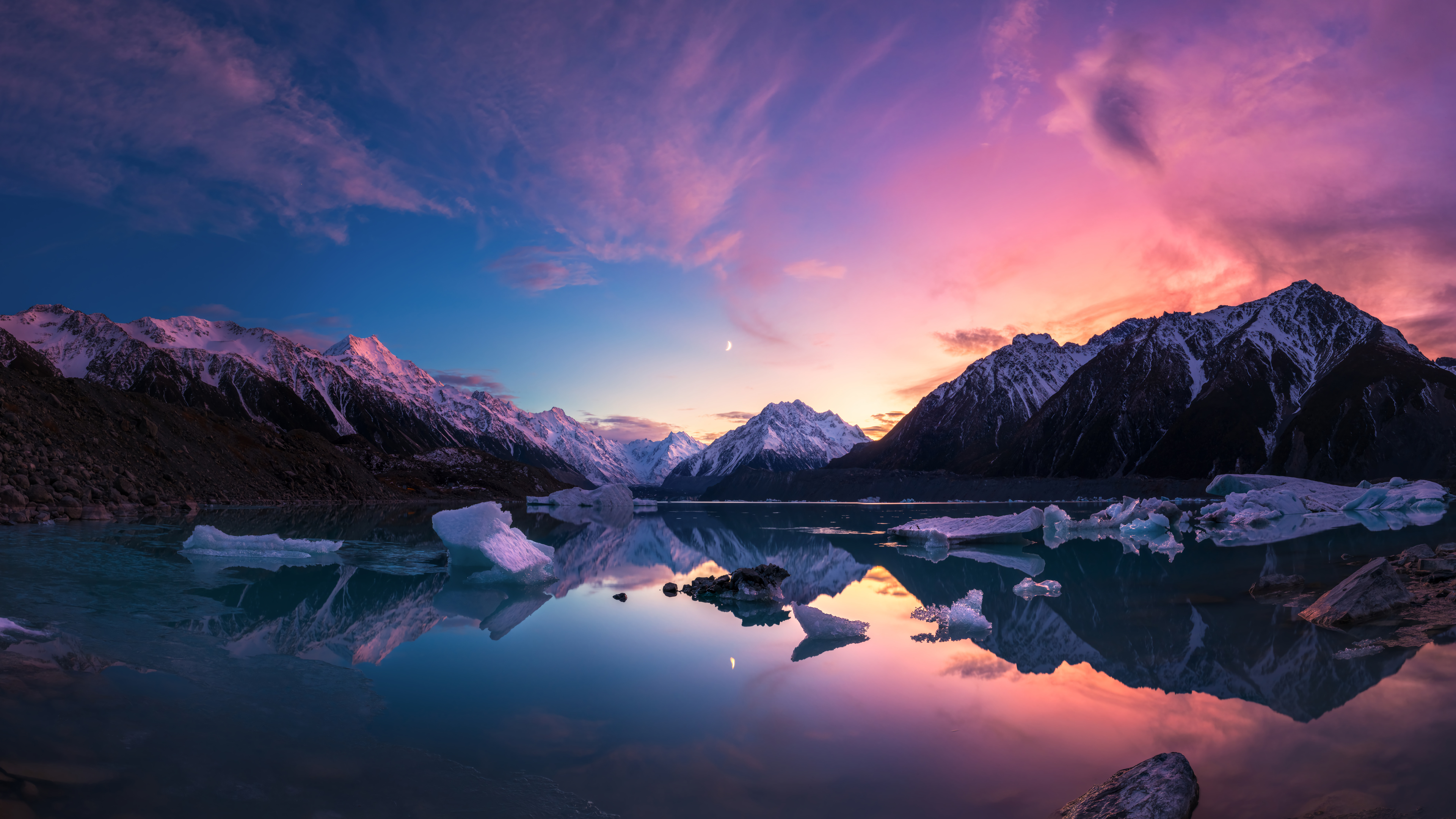 Frozen Lake Crescent Moon Snowy Peaks Reflection