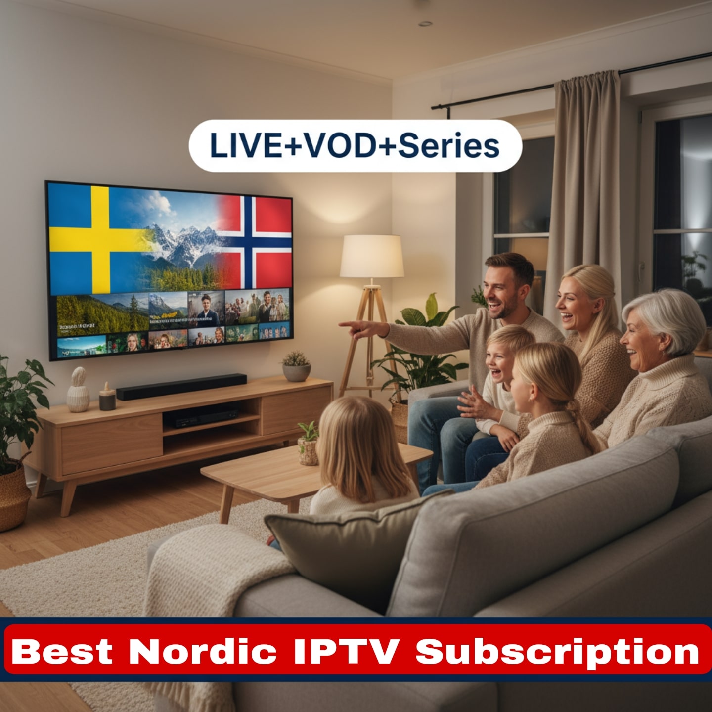 Family enjoying Nordic IPTV subscription in a cozy living room