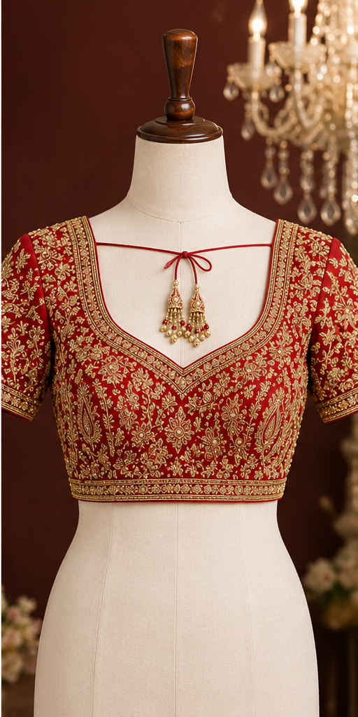 Red blouse with intricate gold zari embroidery, V-neck with dori tie, festive bridal craftsmanship