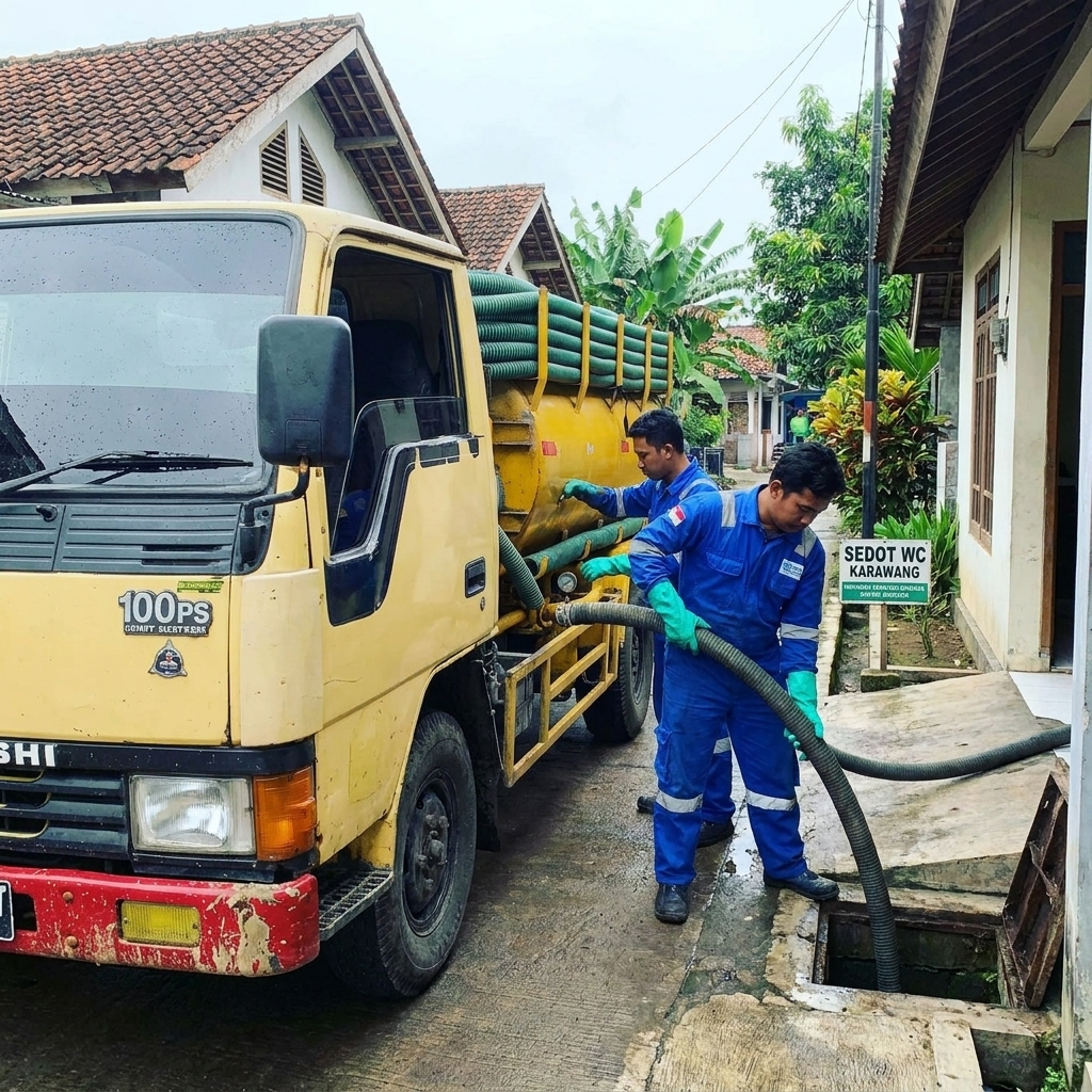 Pekerja membersihkan saluran air dengan selang sedot di Karawang