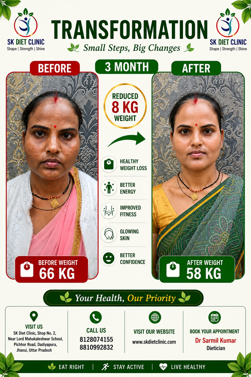 Healthy weight loss transformation reducing 8KG in 3 months at SK Diet Clinic