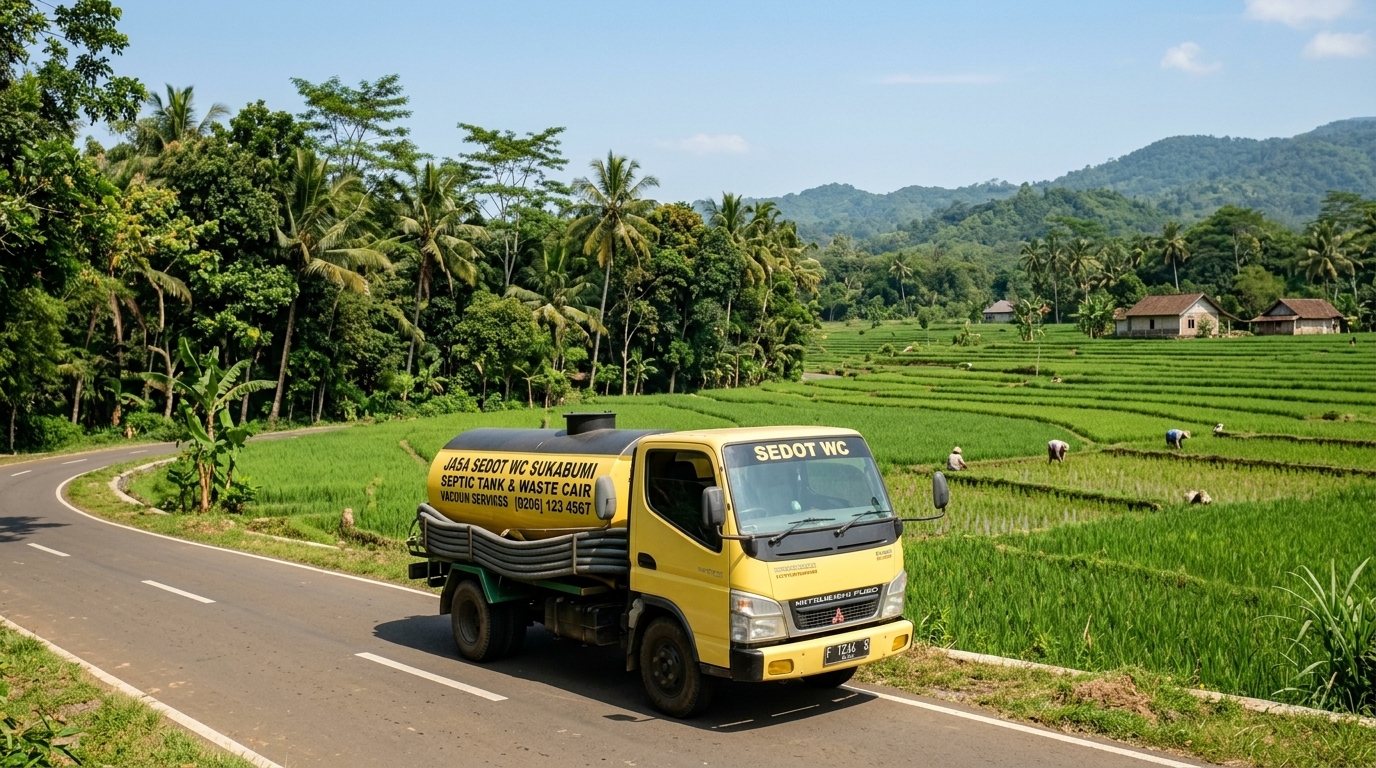 Armada truk sedot WC Sukabumi melintas di jalanan pedesaan Sukabumi
