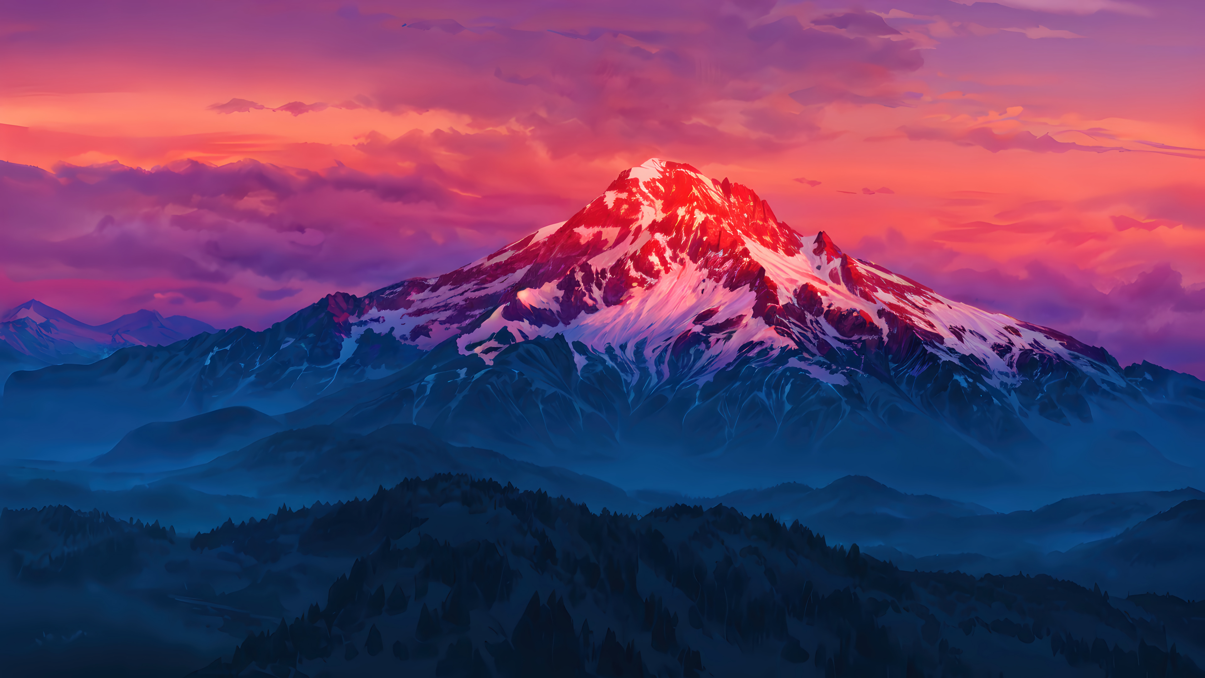 Snowy Mountain Sunset Pink Orange Glow