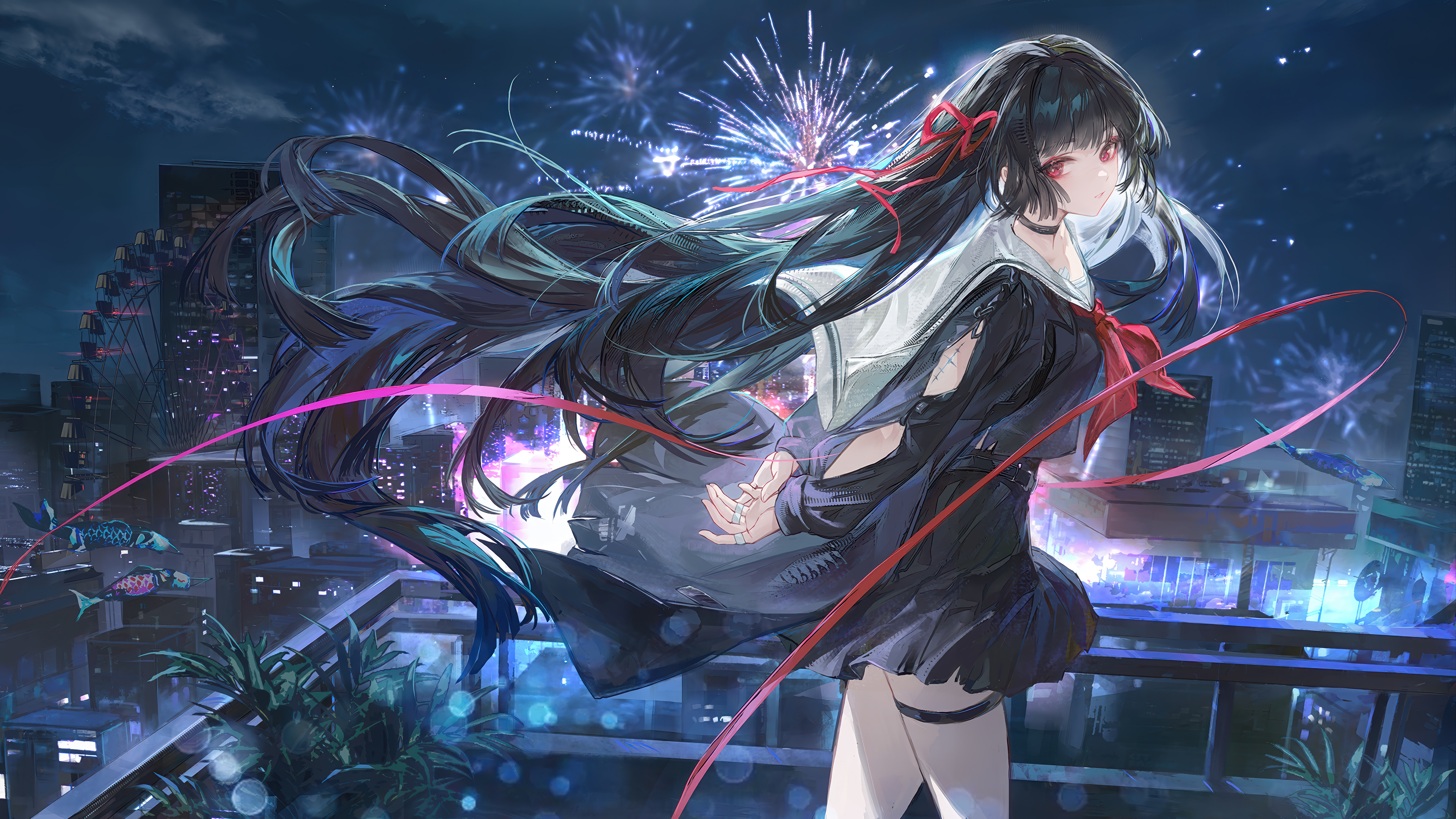 Wuthering Waves Black Green Hair Night City Fireworks