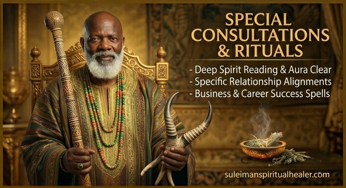 Suleiman Spiritual Healer in traditional robes and colourful bead necklaces holding a sceptre and horn — offering special consultations and rituals including deep spirit reading, aura clear, relationship alignments and business success spells in Polokwane