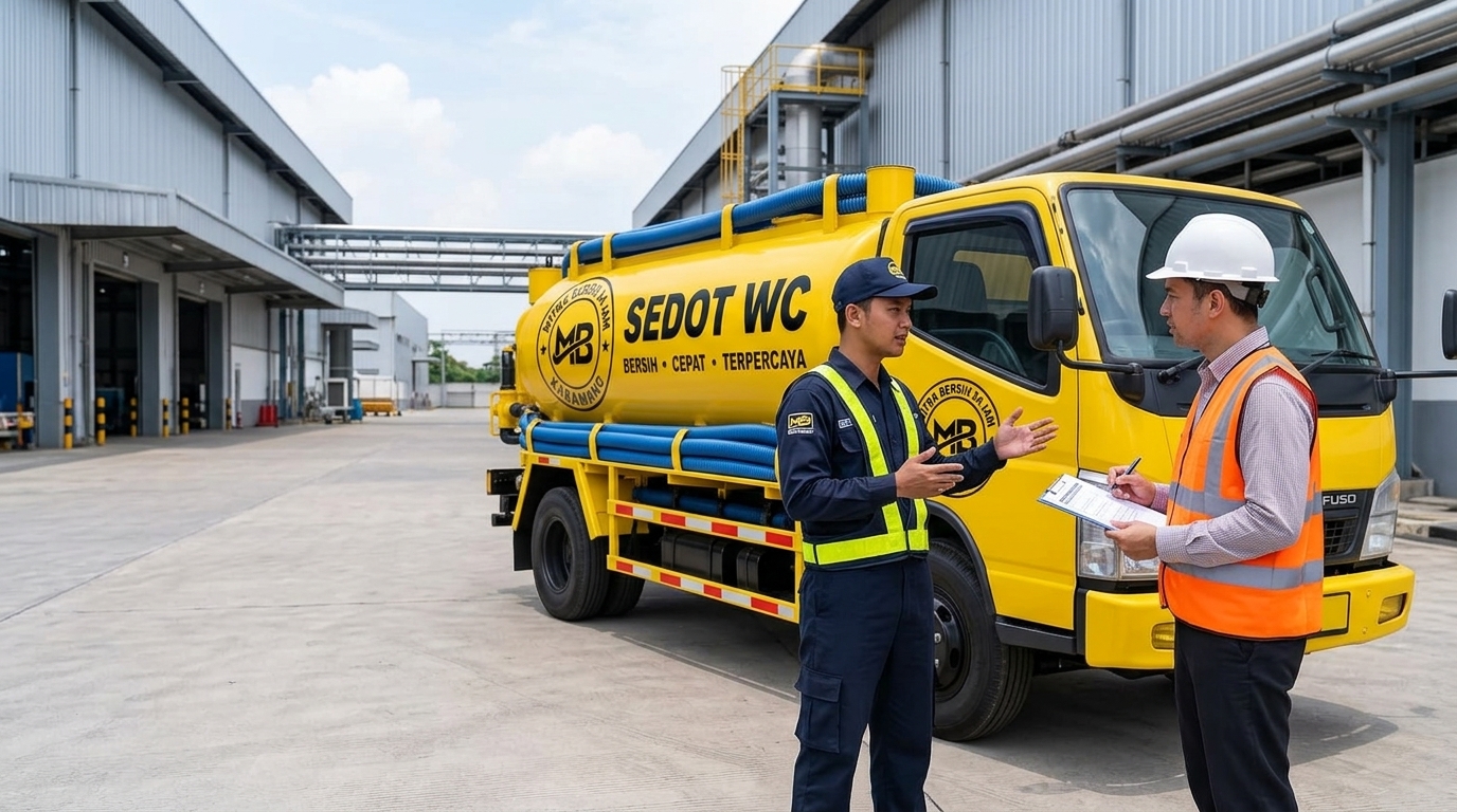 Teknisi berpakaian safety menjelaskan proses kerja kepada supervisor klien di kawasan industri