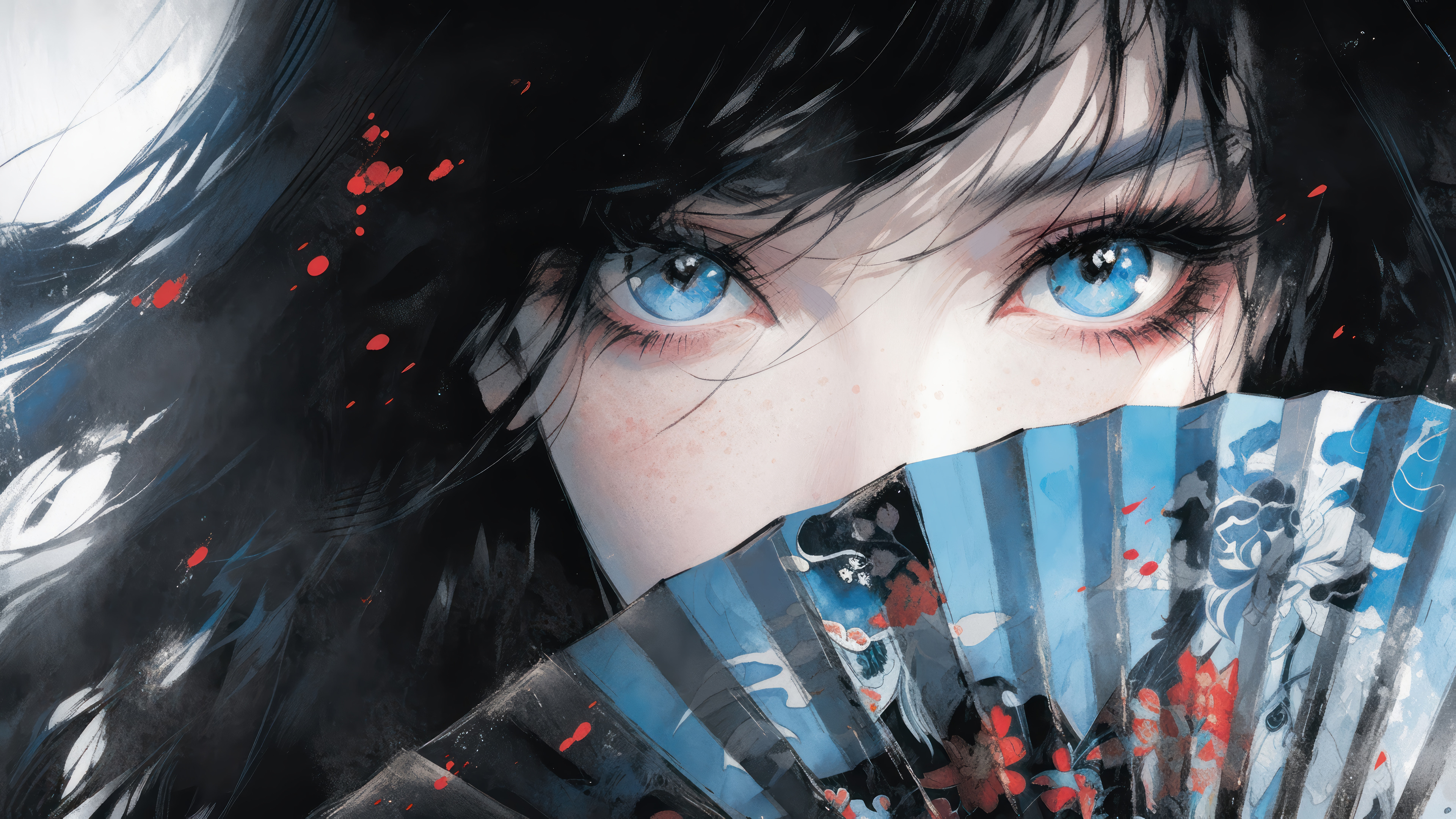 Blue Eyes Black Hair Red Fan Anime