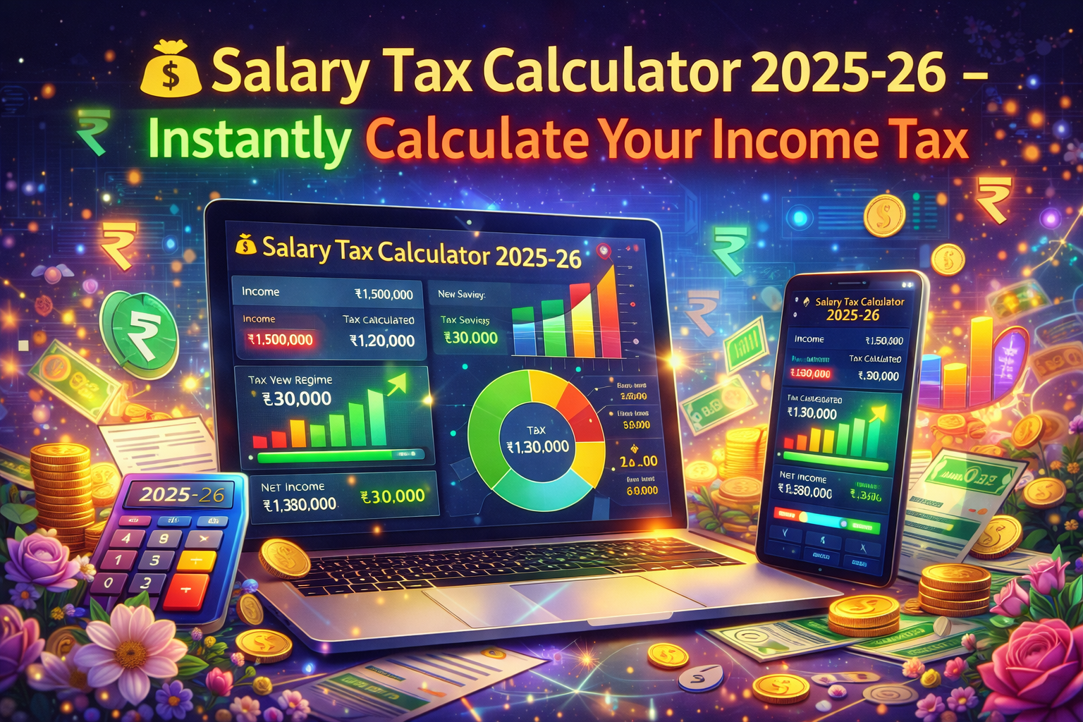 Salary Tax Calculator 2025-26 promotional banner showing a laptop and smartphone displaying income tax calculation interface with coins and calculator elements