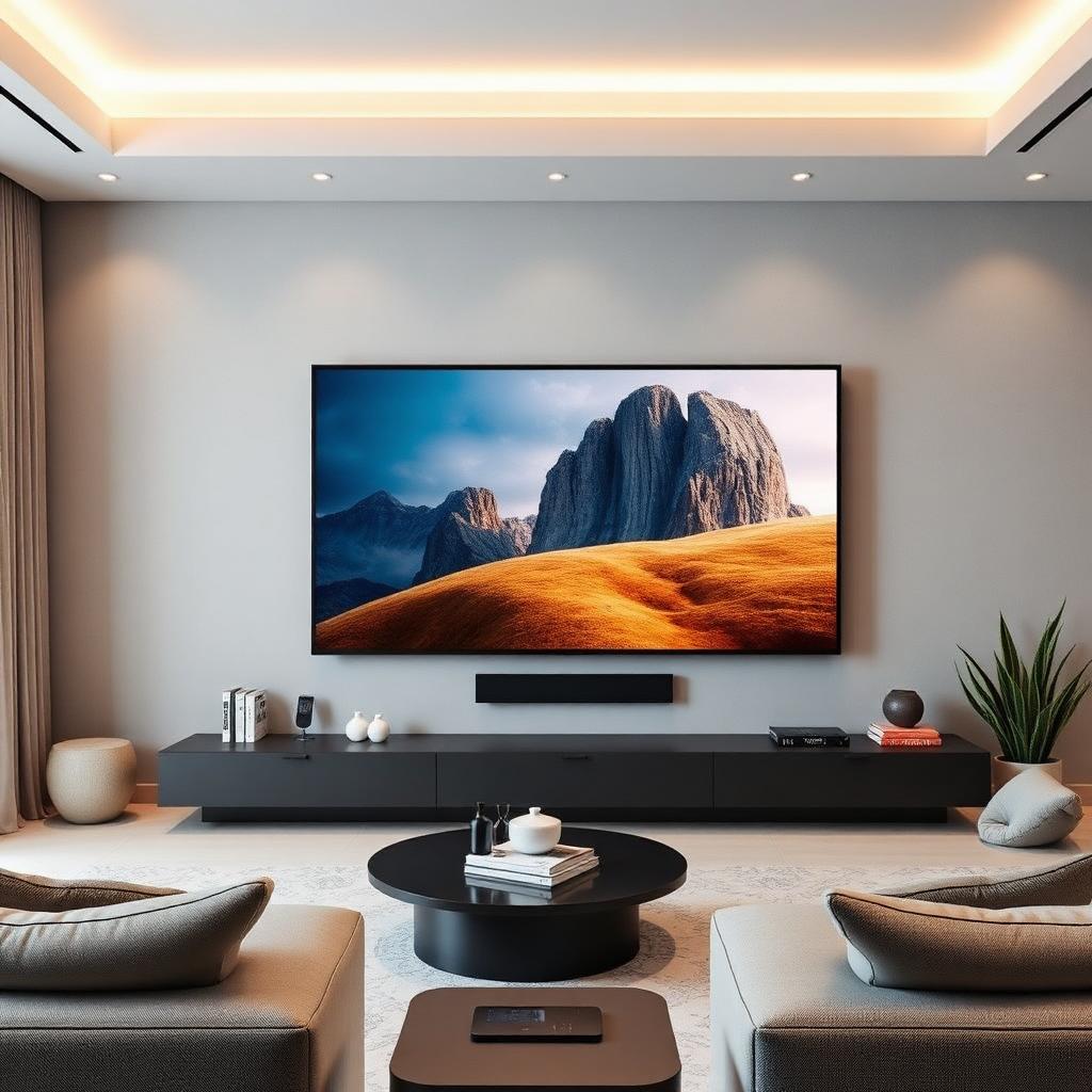 Modern minimalist living room with ultra-thin LED smart TV displaying landscape scenery, black TV console with books and speakers, at ANUPAM electronics store in Raigarh