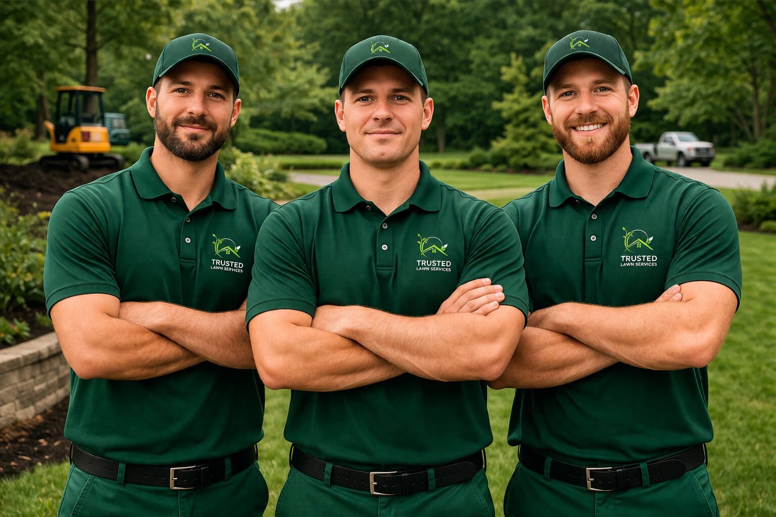 Trusted Lawn Services team in branded green uniforms standing on lawn with excavator and truck in background