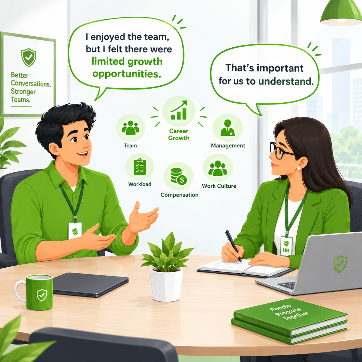 Employee discussing limited growth opportunities comic