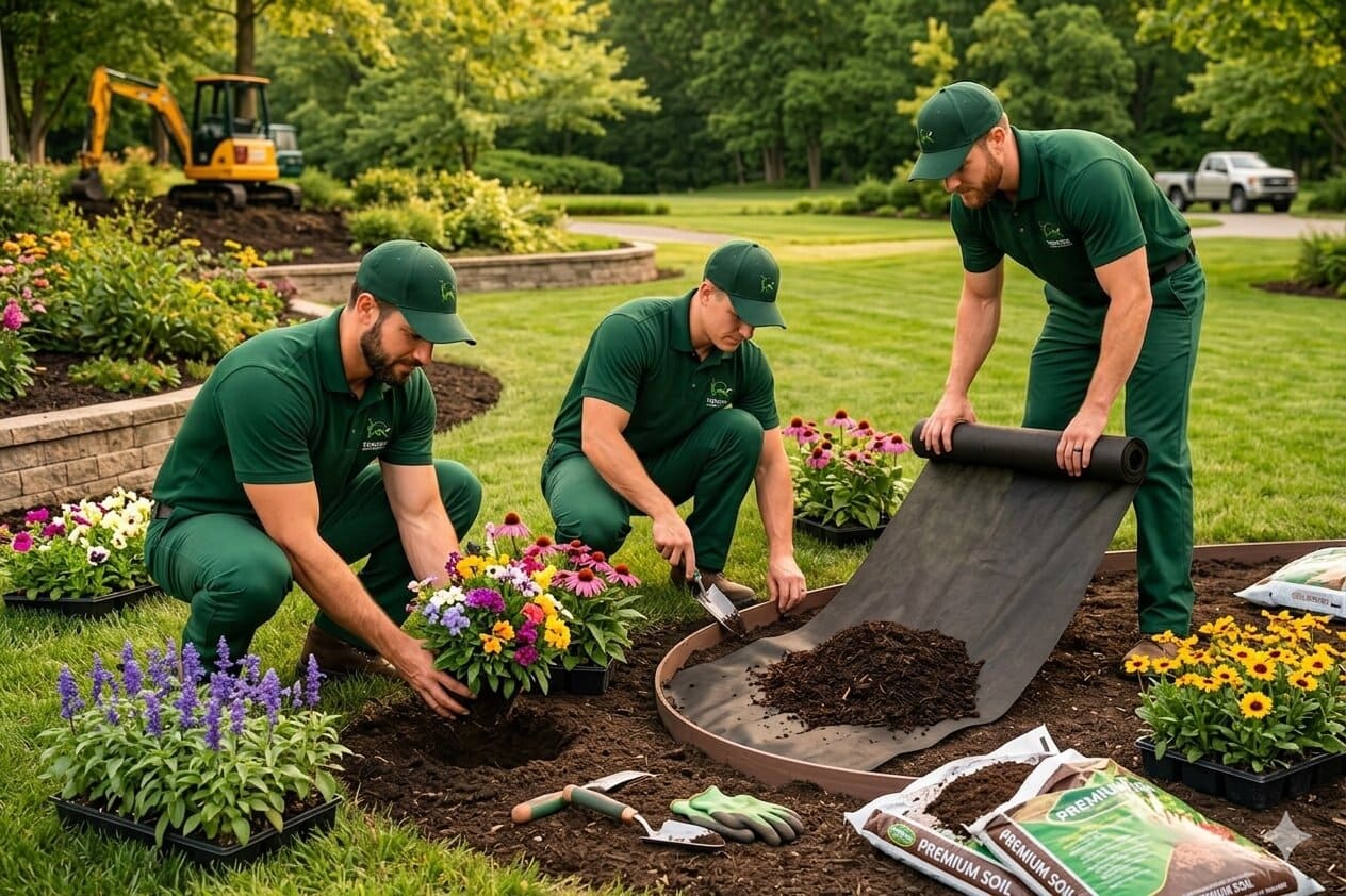 Trusted Lawn Services team in green uniforms planting flowers in garden bed with premium soil bags and gardening tools