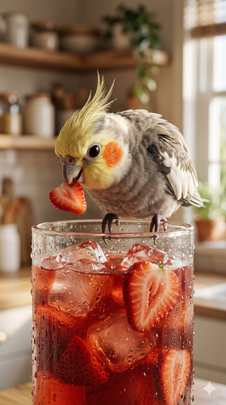 Hyper Realistic AI Cockatiel eating strawberry on a glass