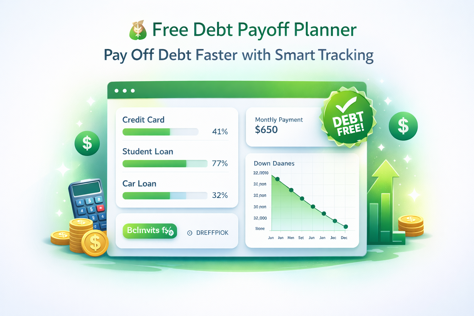 Debt Payoff Planner Dashboard showing credit card, student loan, and auto loan progress tracking with smart visualization