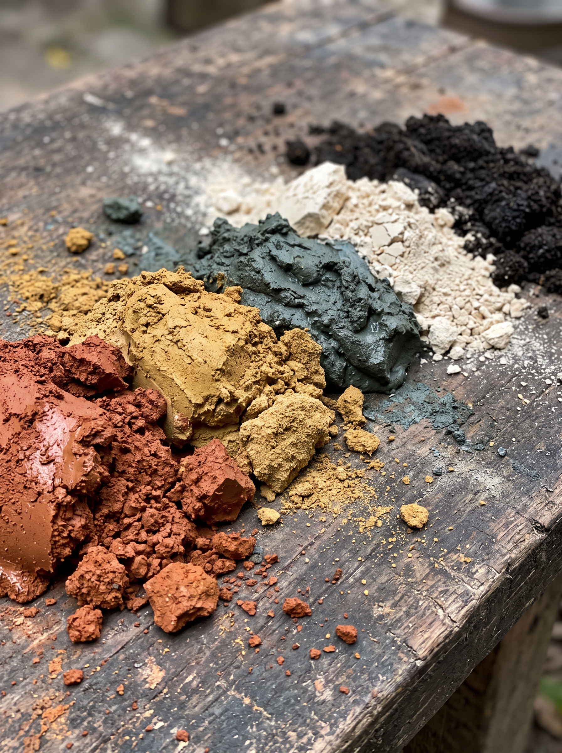 Five-color Jianshui clay — red, yellow, cyan, black and white earths spread across a wooden table