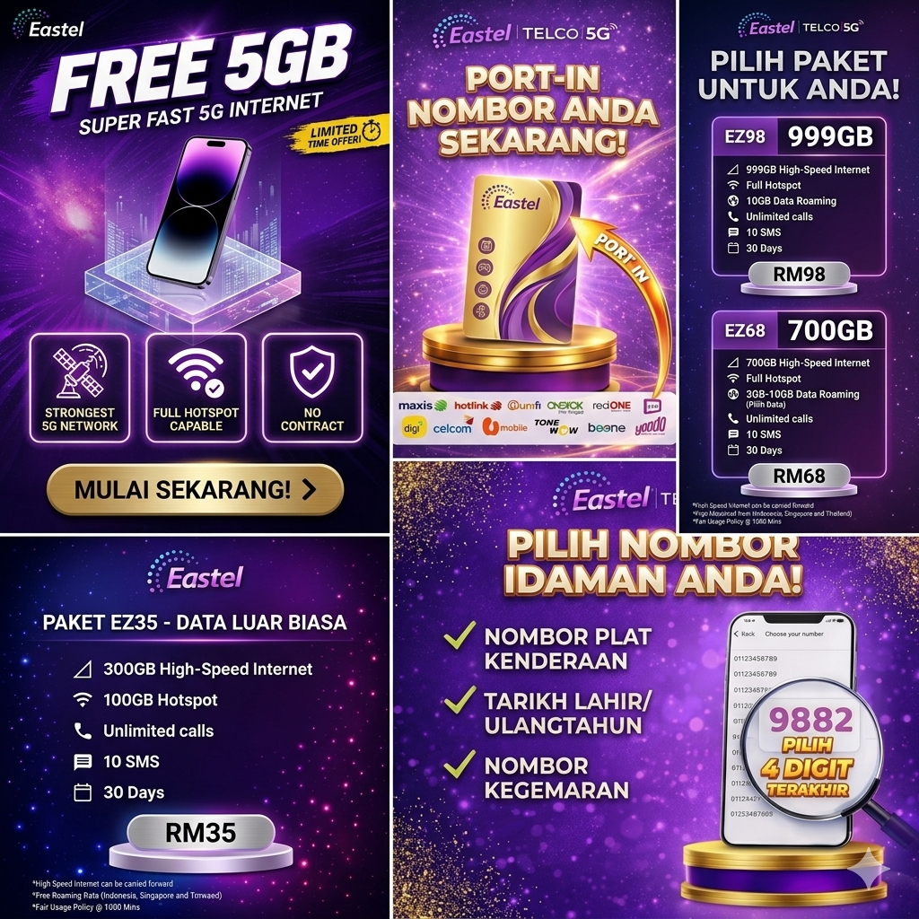 Eastel 5G Promo Pelan EZ35 EZ68 EZ98 Port In FREE 5GB