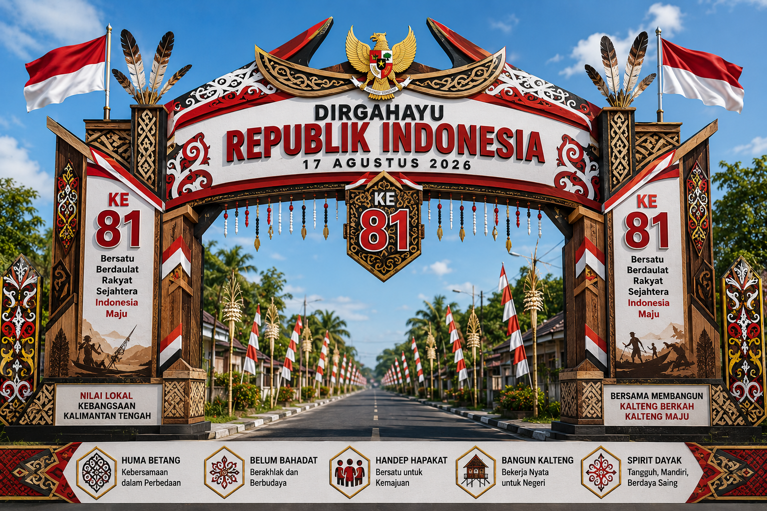 Desain gapura HUT RI 81 bertema Huma Betang Kalimantan