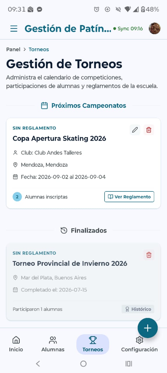Pantalla de gestión de torneos