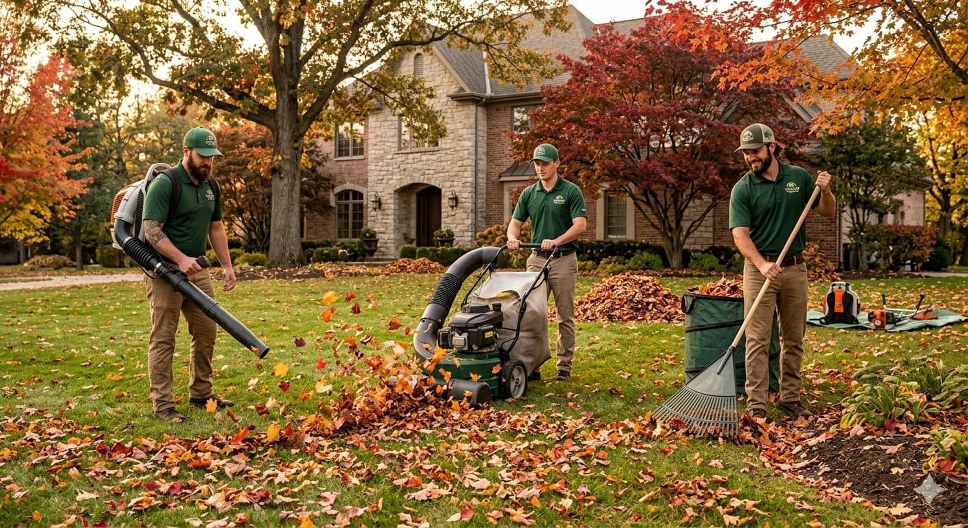 Trusted Lawn Services crew performing fall yard cleanup with leaf blowers, vacuums, and rakes at a residential property