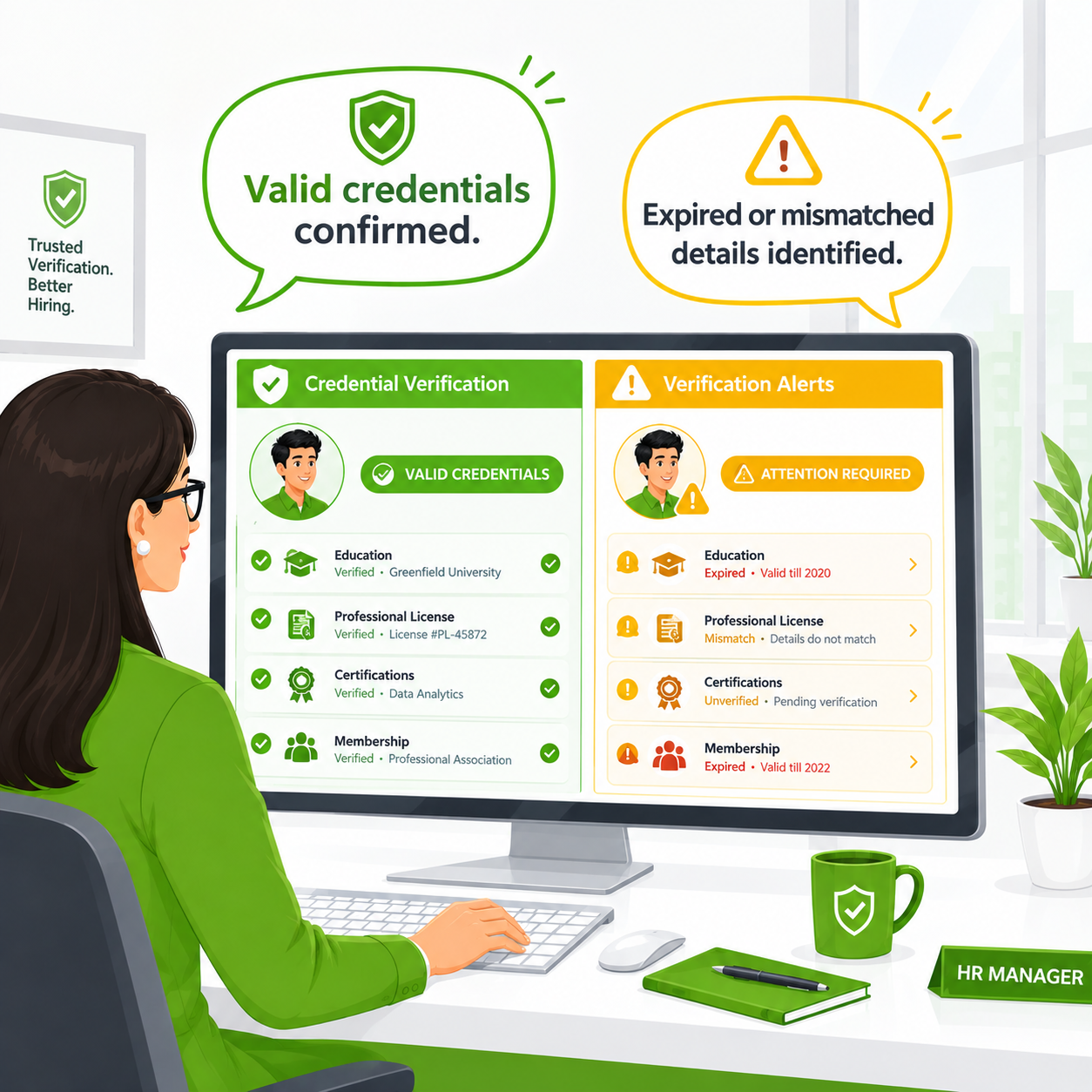 Verification alerts and valid credentials dashboard comic