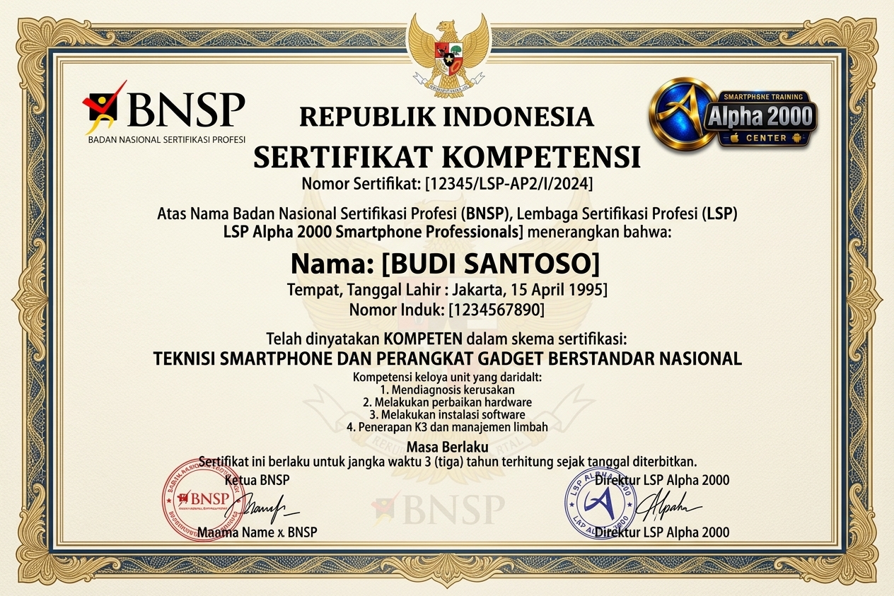 Sertifikat Kompetensi BNSP - LSP Alpha 2000 Smartphone Professionals