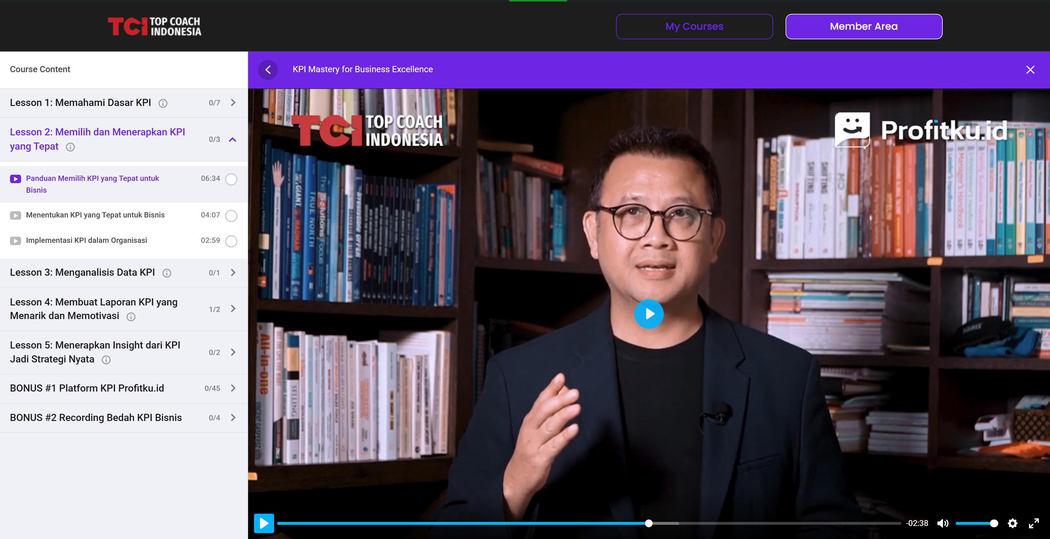 Tampilan member area KPI Mastery — video pelajaran Panduan Memilih KPI yang Tepat untuk Bisnis oleh Tom MC Ifle