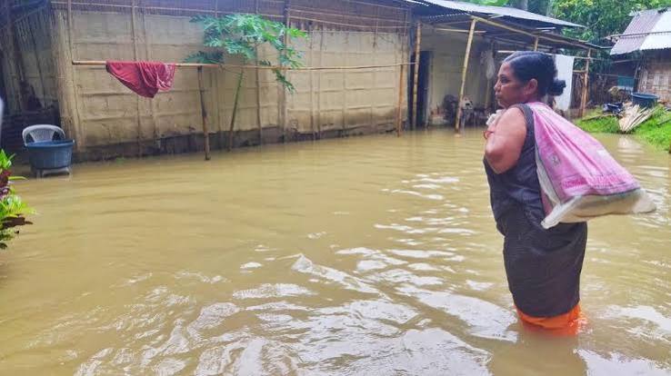 Elderly woman struggling through flood waters - Human suffering during Assam floods
