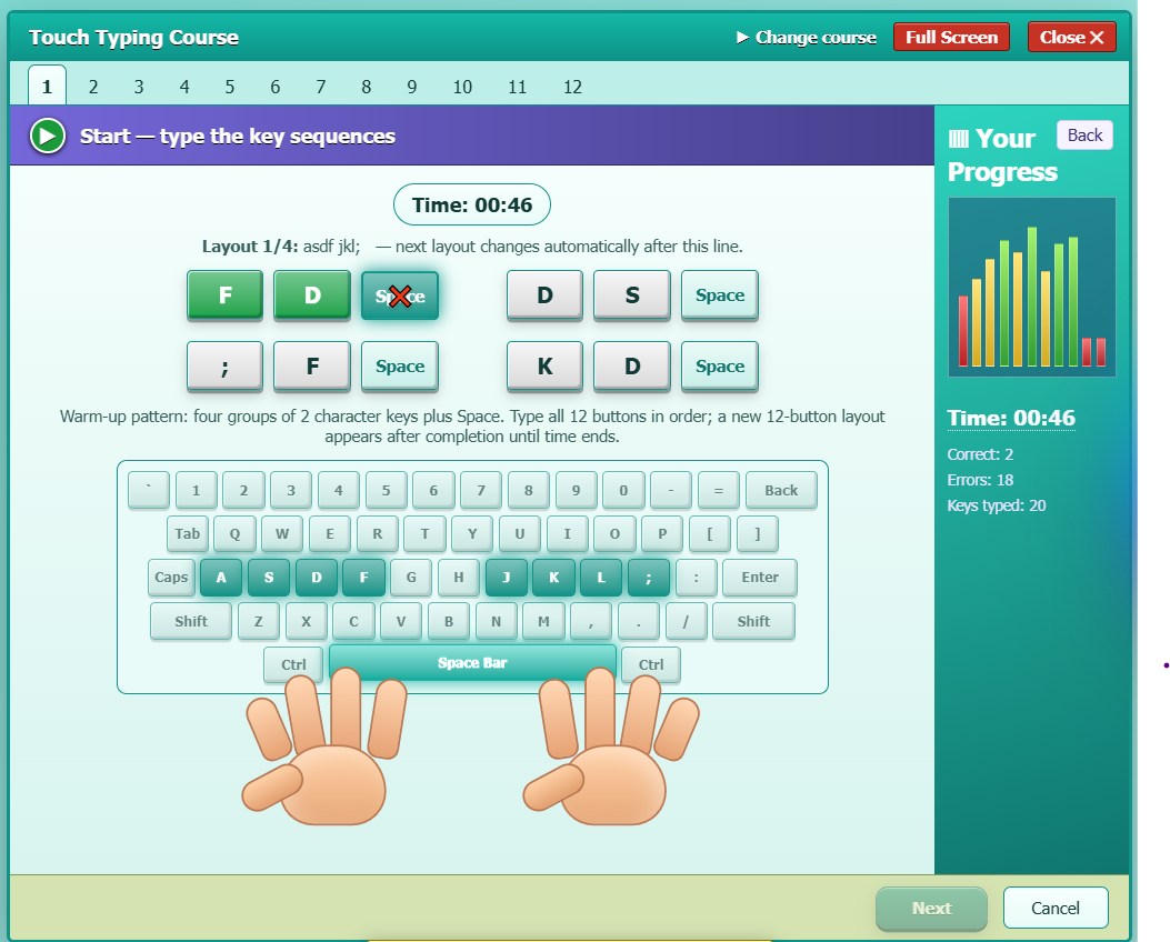 Touch Typing Course interface showing virtual keyboard, hand position guides and real-time progress tracking